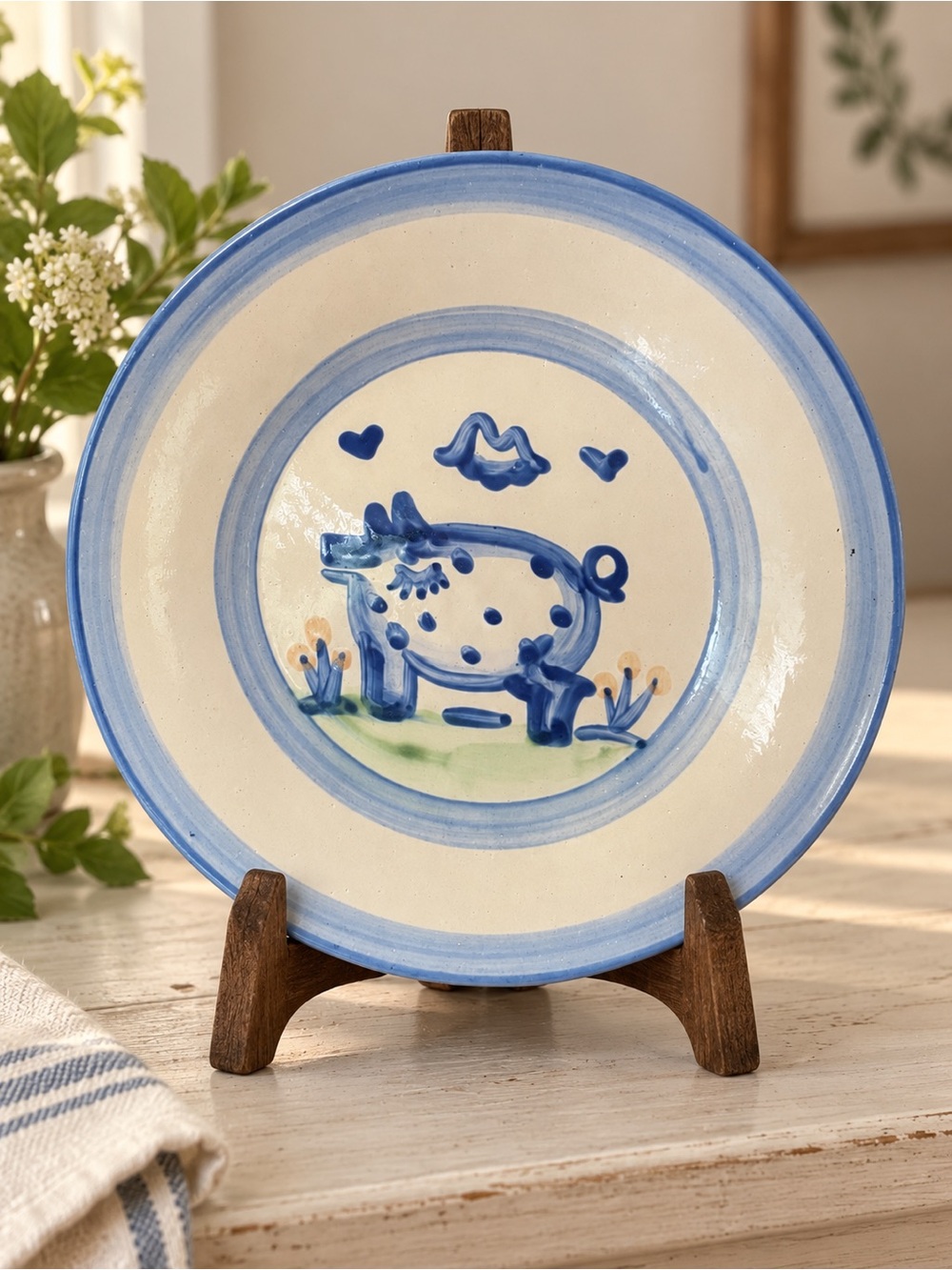 Blue & White Hand-Painted Ceramic Decorative Plate - Whimsical Farm Motif